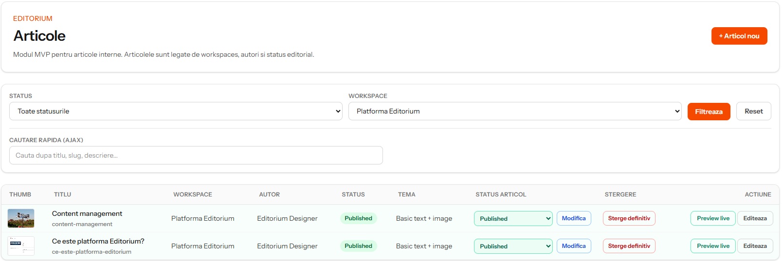 Screen shot administrare si editare de articole